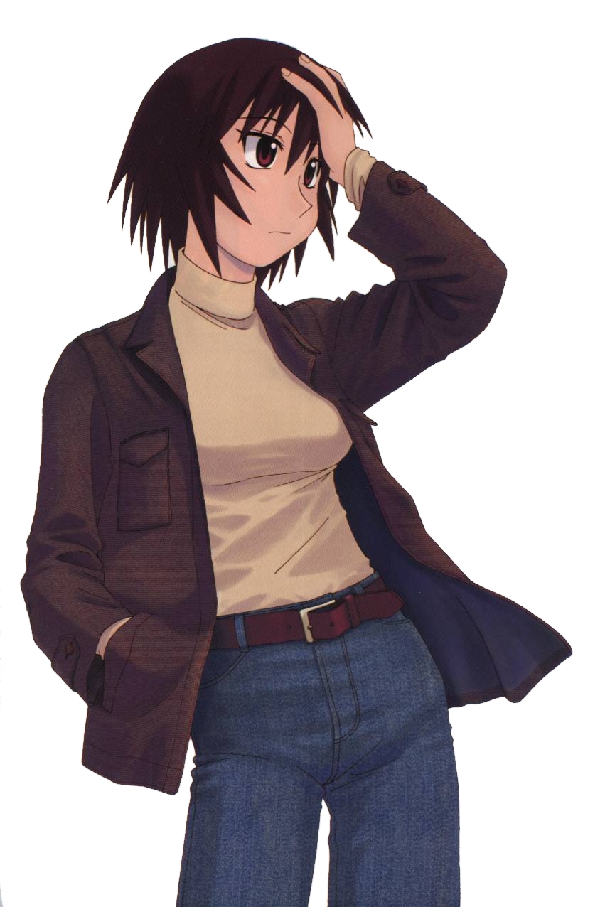 azuma kiyohiko, kagura, kagura (azumanga daioh), azumanga daiou, highres, official art, 1girl, belt, breasts, brown eyes, brown hair, denim, female focus, jacket, jeans, large breasts, pants, short hair, solo, turtleneck