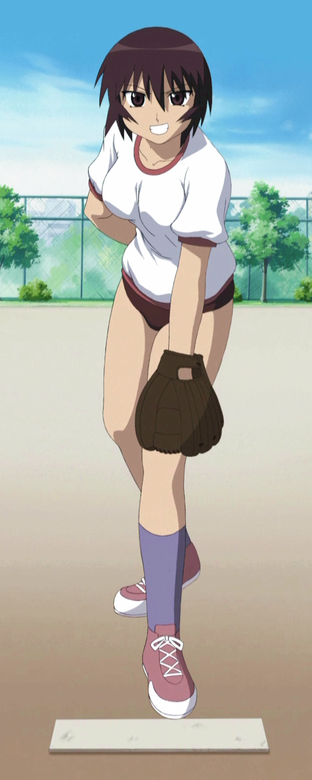 kagura, kagura (azumanga daioh), azumanga daiou, anime screenshot, highres, stitched, third-party edit, 1girl, arm behind back, baseball, baseball glove, black eyes, black hair, blue socks, breasts, building, buruma, bush, chain-link fence, cloud, day, female focus, fence, full body, grass, grin, gym uniform, hair between eyes, hand on own knee, kneehighs, large breasts, leaning forward, looking at viewer, naughty face, outdoors, shirt, shoes, short hair, sky, smile, sneakers, socks, solo, standing, tomboy, tree