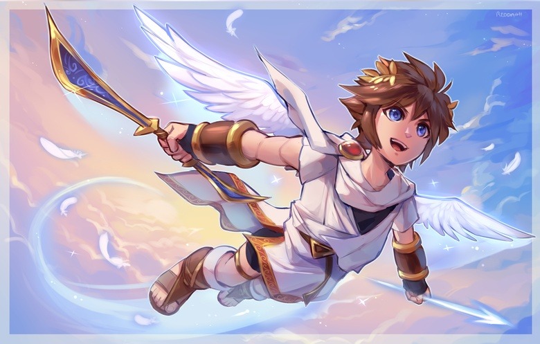 reddachi, pit (kid icarus), kid icarus, kid icarus uprising, nintendo, 1boy, angel, angel wings, arrow (projectile), bike shorts, blue eyes, bow (weapon), brown hair, feathers, full body, holding, holding bow (weapon), holding weapon, laurel crown, male focus, outdoors, palutena bow (kid icarus), sky, solo, sparkle, weapon, wings