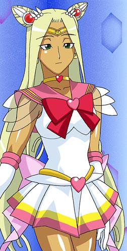 najima gable, sailor chibi moon, sailor moon, super sailor chibi moon, super sailor moon, bishoujo senshi sailor moon, bishoujo senshi sailor moon supers, uchuu no stellvia, lowres, 1girl, blonde hair, bow, brooch, choker, cone hair bun, cosplay, crossover, double bun, earrings, elbow gloves, female focus, gloves, green eyes, hair bun, hair ornament, hairpin, heart, heart brooch, jewelry, long hair, multicolored skirt, parody, pleated skirt, ribbon, sailor collar, skirt, solo, super sailor chibi moon (cosplay), tiara, white gloves