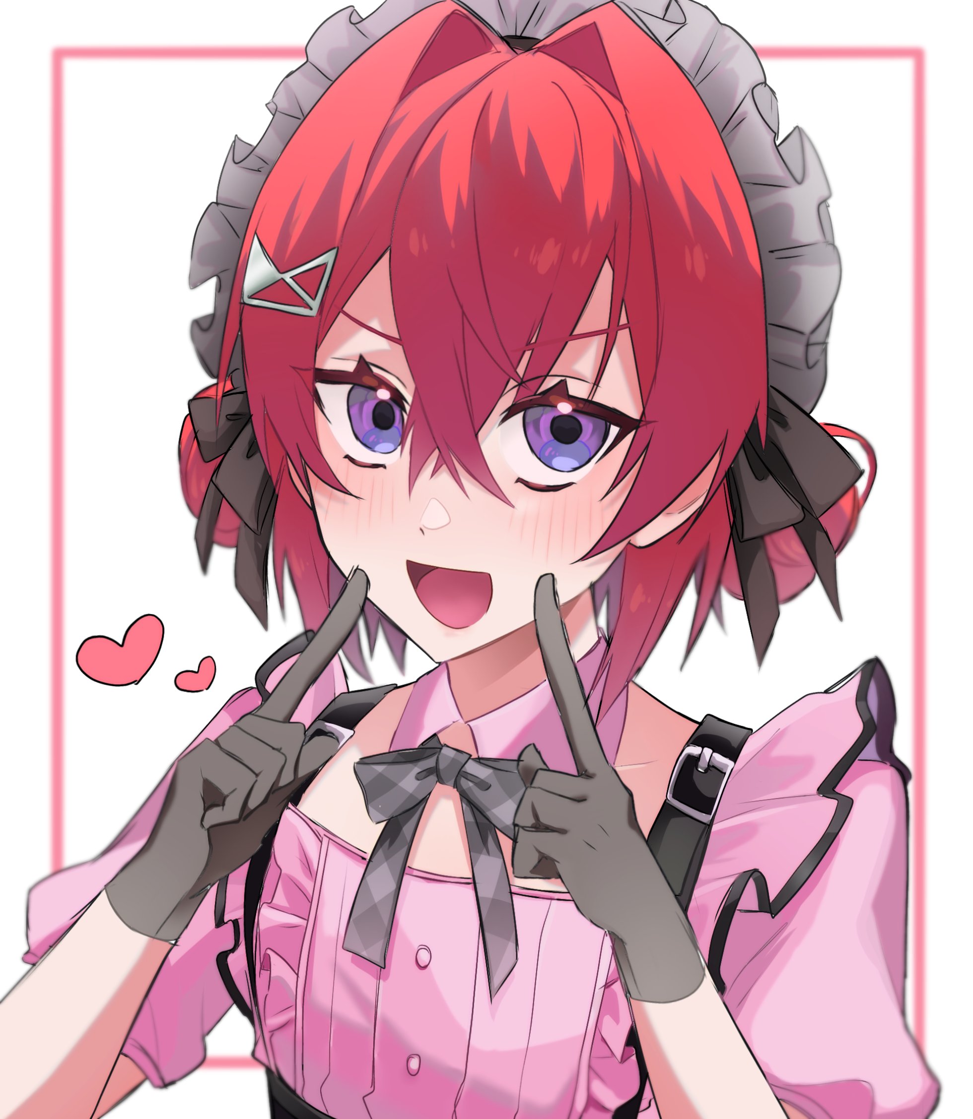 ange katrina, nijisanji, hashtag-only commentary, highres, 1girl, :d, blush, border, cafe cutemare uniform, collar, crossed bangs, detached collar, double-parted bangs, double bun, eda (3askb0y8nk18851), flat chest, frilled shirt, frills, gingham ribbon, gloves, grey gloves, grey headdress, grey ribbon, hair between eyes, hair bun, hair intakes, hair ornament, hand up, heart, index fingers raised, inset border, long bangs, looking at viewer, maid headdress, open mouth, outside border, pink border, pink collar, pink shirt, pointing, pointing at self, purple eyes, red hair, shirt, shirt tucked in, short sleeves, simple background, smile, solo, upper body, virtual youtuber, white background