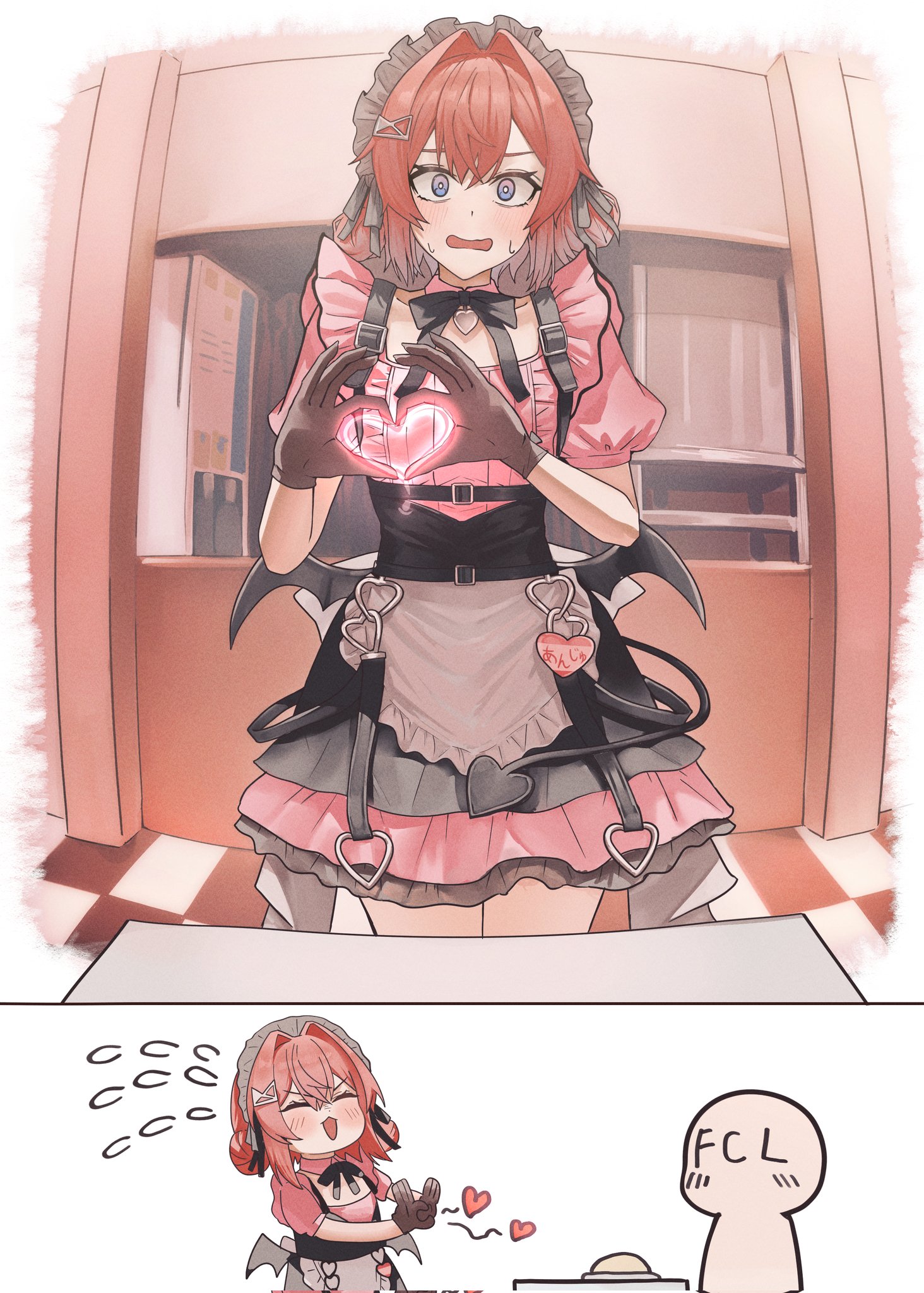doidamon, ange katrina, nijisanji, commentary request, highres, 1boy, 1girl, apron, black ribbon, black skirt, black wings, blue eyes, blush, bright pupils, cafe cutemare uniform, chest harness, collar, cowboy shot, demon wings, detached collar, double-parted bangs, faceless, faceless male, fisheye, flying sweatdrops, frilled apron, frilled shirt, frilled skirt, frills, gloves, gradient eyes, grey gloves, grey headdress, hair intakes, hair ornament, hands up, harness, heart, heart hands, heart pendant, indoors, layered skirt, looking at viewer, low wings, maid headdress, mini wings, miniskirt, moe moe kyun!, multicolored eyes, name tag, neck ribbon, open mouth, peanut mouth, pink collar, pink eyes, pink shirt, pink skirt, pov across table, puffy short sleeves, puffy sleeves, red hair, ribbon, shirt, shirt tucked in, short sleeves, skirt, solo focus, standing, sweatdrop, table, tile floor, tiles, virtual youtuber, waist apron, waitress, white apron, white pupils, wings
