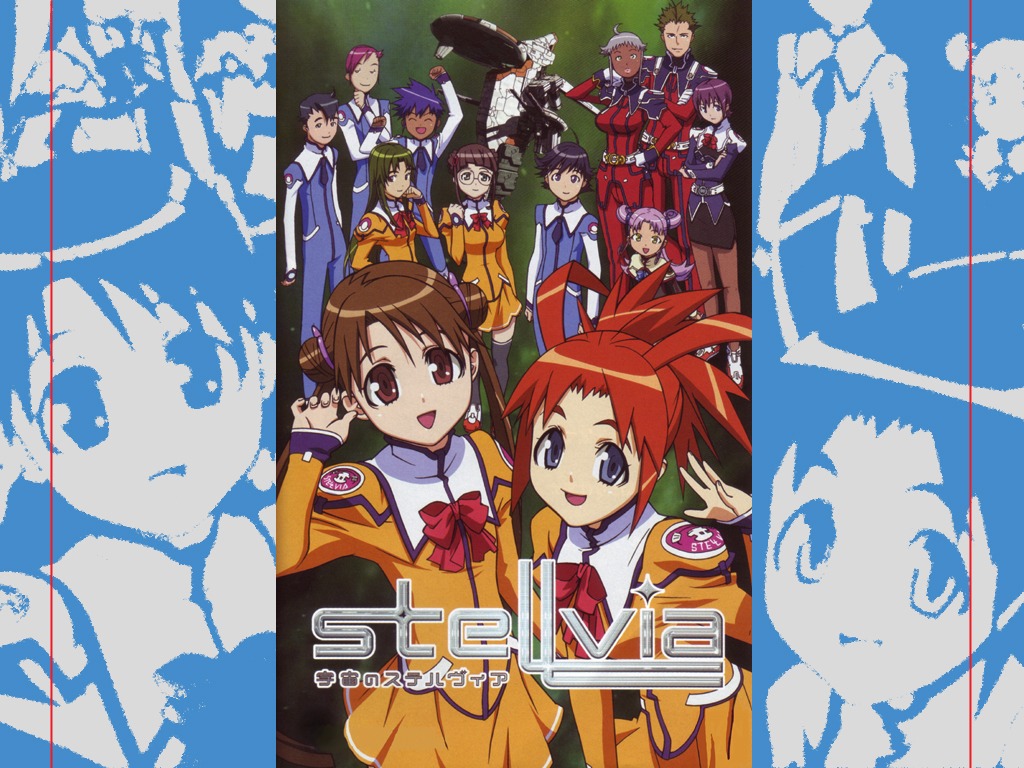 arisa glennorth, barthes leila, fujisawa yayoi, fujisawa yayoi (uchuu no stellvia), joey jones (uchuu no stellvia), katase shima, kayama akira, kazamatsuri rinna, machida ayaka, otoyama kouta, pierre takida, takida pierre, uchuu no stellvia, uniform, 00s, 5boys, 6+girls, :d, ^ ^, adjusting hair, ahoge, blue eyes, bodysuit, bow, bowtie, brown eyes, brown hair, closed eyes, emblem, everyone, glasses, green background, green eyes, green hair, hand in own hair, jones joey, long hair, long sleeves, machinery, mecha, multiple boys, multiple girls, odawara masaru, open mouth, orange shirt, pantyhose, parted bangs, purple hair, red bow, red hair, robot, shirogane jinrai, shirt, short hair, simple background, smile, spiked hair, standing, thighhighs, twintails, very long hair, zettai ryouiki