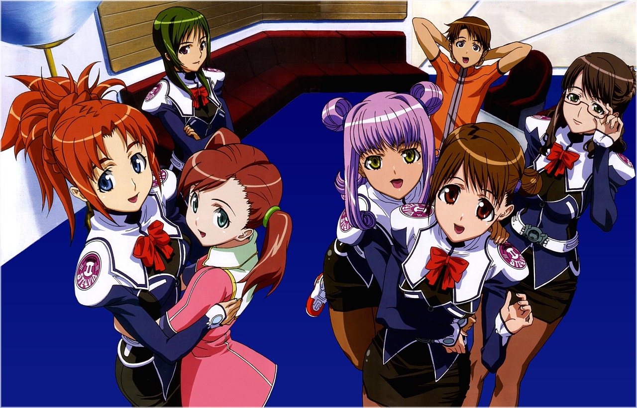 arisa glennorth, fujisawa yayoi, fujisawa yayoi (uchuu no stellvia), katase masato, katase shima, kayama akira, kazamatsuri rinna, mia glennorth, uchuu no stellvia, 00s, 1boy, 6+girls, :d, adjusting eyewear, aged up, aqua eyes, belt, blue eyes, bow, braid, brother and sister, brown eyes, brown hair, chair, crossed arms, double bun, everyone, glasses, green eyes, green hair, hair bun, hair rings, hug, hug from behind, juliet sleeves, long hair, long sleeves, looking at viewer, miniskirt, multiple girls, open mouth, orange hair, orange shirt, pantyhose, pencil skirt, ponytail, puffy sleeves, purple eyes, purple hair, red eyes, roman numeral, school uniform, semi-rimless eyewear, shirt, short sleeves, siblings, single hair bun, sisters, sitting, skirt, sleeves past wrists, smile, standing, twintails, under-rim eyewear, yellow eyes