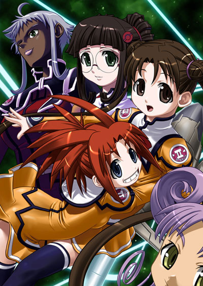 sumomo kpa, arisa glennorth, barthes leila, fujisawa yayoi, fujisawa yayoi (uchuu no stellvia), katase shima, kazamatsuri rinna, uchuu no stellvia, black legwear, silver hair, uniform, 00s, 5girls, blue eyes, brown hair, clenched teeth, close-up, dark-skinned female, dark skin, emblem, everyone, glasses, green eyes, lips, long sleeves, looking at viewer, multiple girls, orange shirt, outstretched arm, purple hair, red hair, shirt, smile, teeth, thighhighs, zettai ryouiki