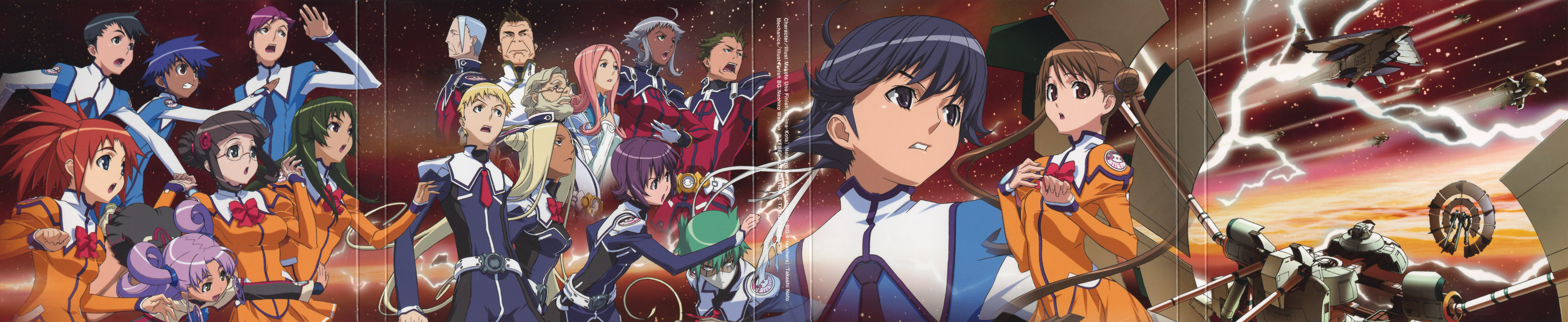 arisa glennorth, barthes leila, carl hutter, fujisawa yayoi, fujisawa yayoi (uchuu no stellvia), joey jones (uchuu no stellvia), katase shima, kayama akira, kazamatsuri rinna, machida ayaka, najima gable, orihara michio, otoyama kouta, pierre takida, renge ren, richard james, shojin ritsuo, takida pierre, uchuu no stellvia, absurdres, highres, long image, wide image, 00s, 6+boys, 6+girls, cone hair bun, everyone, hair bun, jones joey, kent austin, multiple boys, multiple girls, odawara masaru, orange shirt, otoyama youko, shirogane jinrai, shirt, shoujin ritsuo