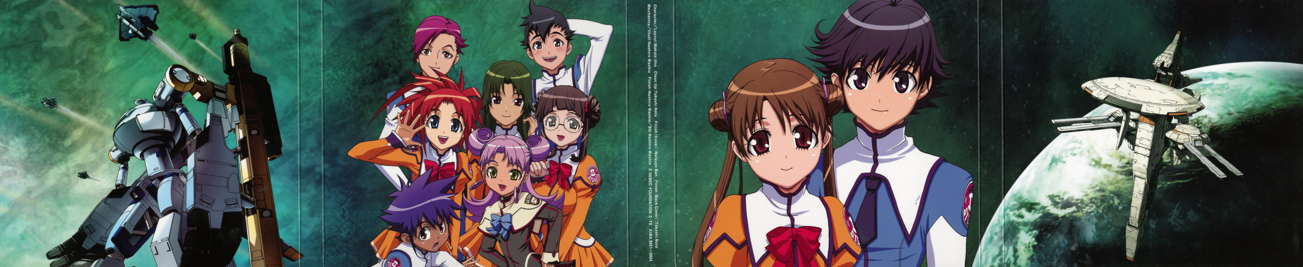 arisa glennorth, fujisawa yayoi, fujisawa yayoi (uchuu no stellvia), katase shima, kayama akira, kazamatsuri rinna, otoyama kouta, pierre takida, takida pierre, uchuu no stellvia, absurdres, highres, long image, wide image, 00s, 4boys, 5girls, everyone, jones joey, multiple boys, multiple girls, odawara masaru