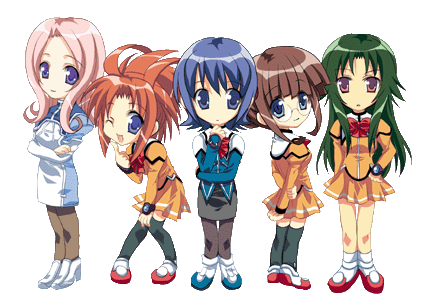 arisa glennorth, fujisawa yayoi, fujisawa yayoi (uchuu no stellvia), kayama akira, machida ayaka, renge ren, uchuu no stellvia, black legwear, lowres, 00s, 5girls, :d, blue eyes, blue hair, brown eyes, brown hair, chibi, chibi only, everyone, full body, glasses, green hair, long hair, long sleeves, looking at viewer, looking back, multiple girls, one eye closed, open mouth, orange shirt, otoyama youko, pantyhose, pink hair, pointing, pointing up, purple eyes, red hair, rimless eyewear, school uniform, shirt, shoes, short hair, simple background, smile, standing, thighhighs, transparent background, white background