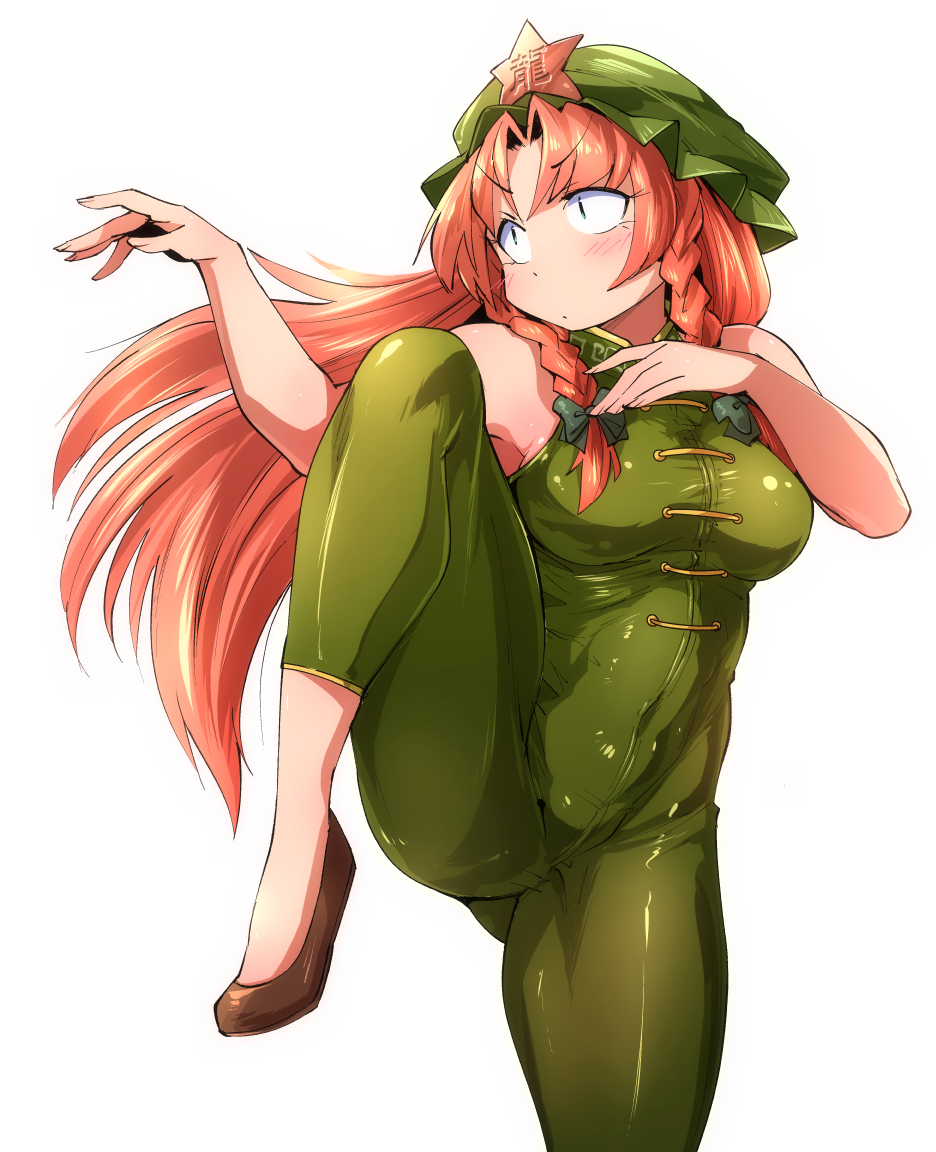 shimizu pem, hong meiling, touhou, commentary request, 1girl, blue eyes, blush, bodysuit, bow, braid, breasts, closed mouth, crane stance, curtained hair, fighting stance, foot out of frame, green bodysuit, green bow, green hat, hair bow, hat, hat ornament, long hair, looking afar, mandarin collar, medium breasts, mob cap, orange hair, simple background, solo, standing, standing on one leg, star (symbol), star hat ornament, twin braids, v-shaped eyebrows, white background