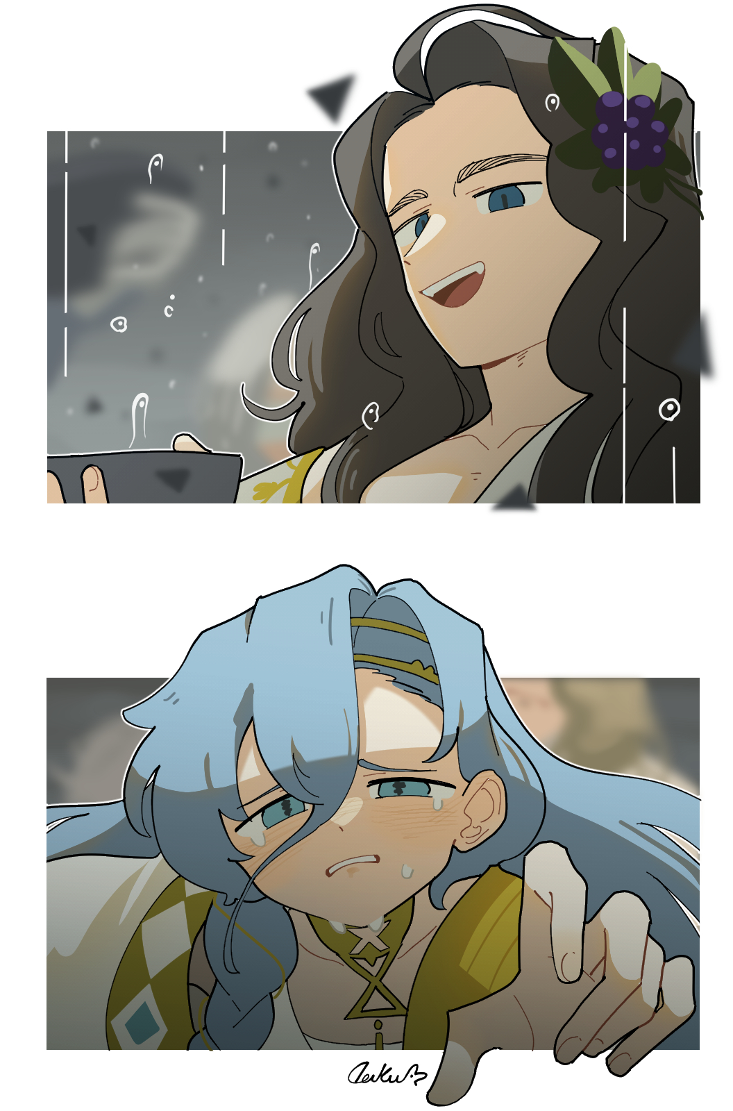 daku k, 210 (reverse:1999), 37 (reverse:1999), reverse:1999, highres, 1boy, 1girl, :d, ancient greek clothes, blue eyes, blue hair, border, bowl, brown hair, clenched teeth, crying, crying with eyes open, food-themed hair ornament, furrowed brow, gold choker, grape hair ornament, greco-roman clothes, grey sky, hair ornament, half-closed eyes, holding, holding bowl, long hair, open mouth, outside border, outstretched hand, portrait, sky, smile, tears, teeth, toga, water drop, white border