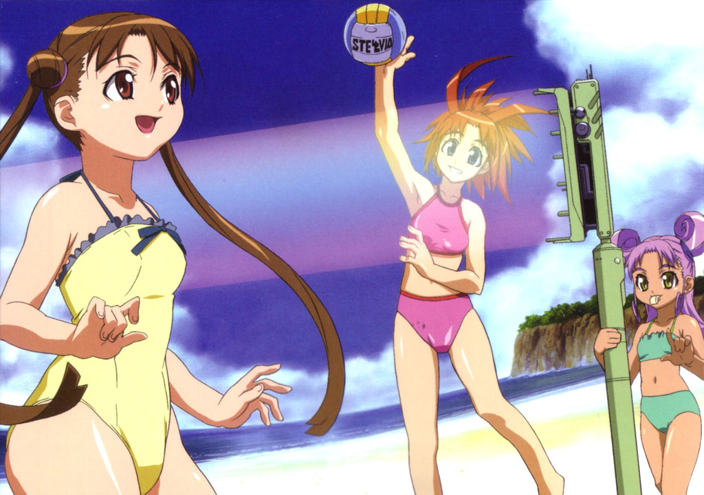 arisa glennorth, katase shima, kazamatsuri rinna, uchuu no stellvia, eyebrows, 00s, 3girls, armpits, ball, beach, beach volleyball, bikini, blue eyes, brown hair, collarbone, day, green bikini, green eyes, multiple girls, one-piece swimsuit, orange hair, outdoors, pink bikini, purple hair, red eyes, swimsuit, tankini, twintails, volleyball, volleyball (object), yellow one-piece swimsuit