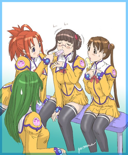 kisaragi gunma, arisa glennorth, fujisawa yayoi, fujisawa yayoi (uchuu no stellvia), katase shima, kayama akira, uchuu no stellvia, colorized, 00s, 4girls, food, multiple girls, orange shirt, popsicle, sexually suggestive, shirt, thighhighs
