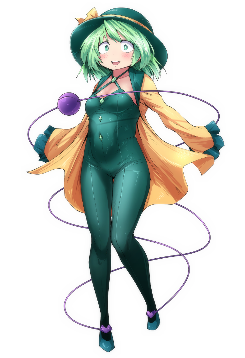 shimizu pem, komeiji koishi, touhou, commentary request, 1girl, adapted costume, blush, bodysuit, breasts, buttons, diamond button, full body, green bodysuit, green eyes, green hair, green hat, hat, long sleeves, looking at viewer, medium breasts, medium hair, open clothes, open mouth, open shirt, shirt, simple background, sleeves past fingers, sleeves past wrists, smile, solo, standing, third eye, white background, yellow shirt