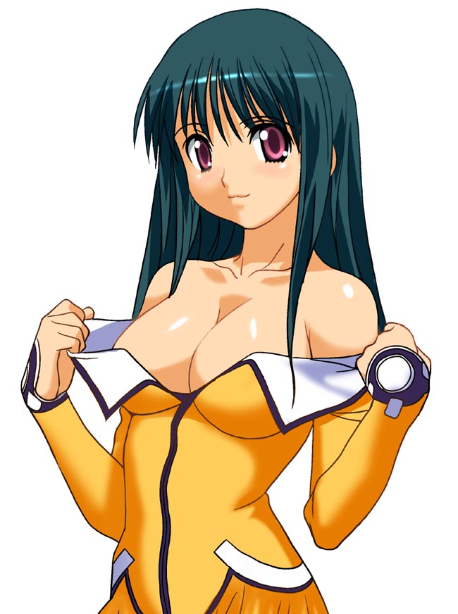 a1 (initial-g), kayama akira, uchuu no stellvia, uniform, 00s, 1girl, bare shoulders, breasts, cleavage, female focus, green hair, long sleeves, looking at viewer, off shoulder, orange shirt, red eyes, shiny skin, shirt, sidelocks, simple background, smile, solo, undressing, upper body, white background