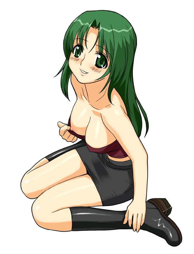 a1 (initial-g), kayama akira, uchuu no stellvia, 00s, 1girl, blush, breasts, female focus, green eyes, green hair, long hair, matching hair/eyes, nipples, smile, solo