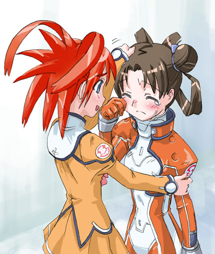 ugai yuichi, arisa glennorth, katase shima, uchuu no stellvia, uniform, 00s, 2girls, blush, brown hair, comforting, crying, hair bun, headpat, long hair, multiple girls, orange shirt, red hair, shirt, simple background, single hair bun