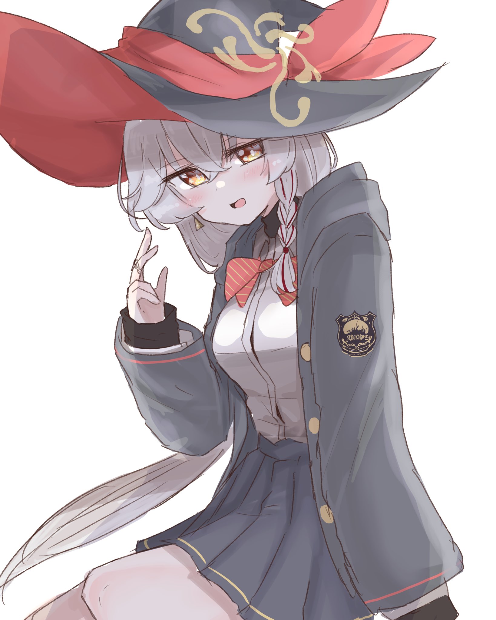 eri (blue archive), blue archive, bow, bowtie, braid, earrings, halo, hat, jacket, jewelry, long coat, long hair, ring, shirt, skirt, sweater, white hair, witch hat
