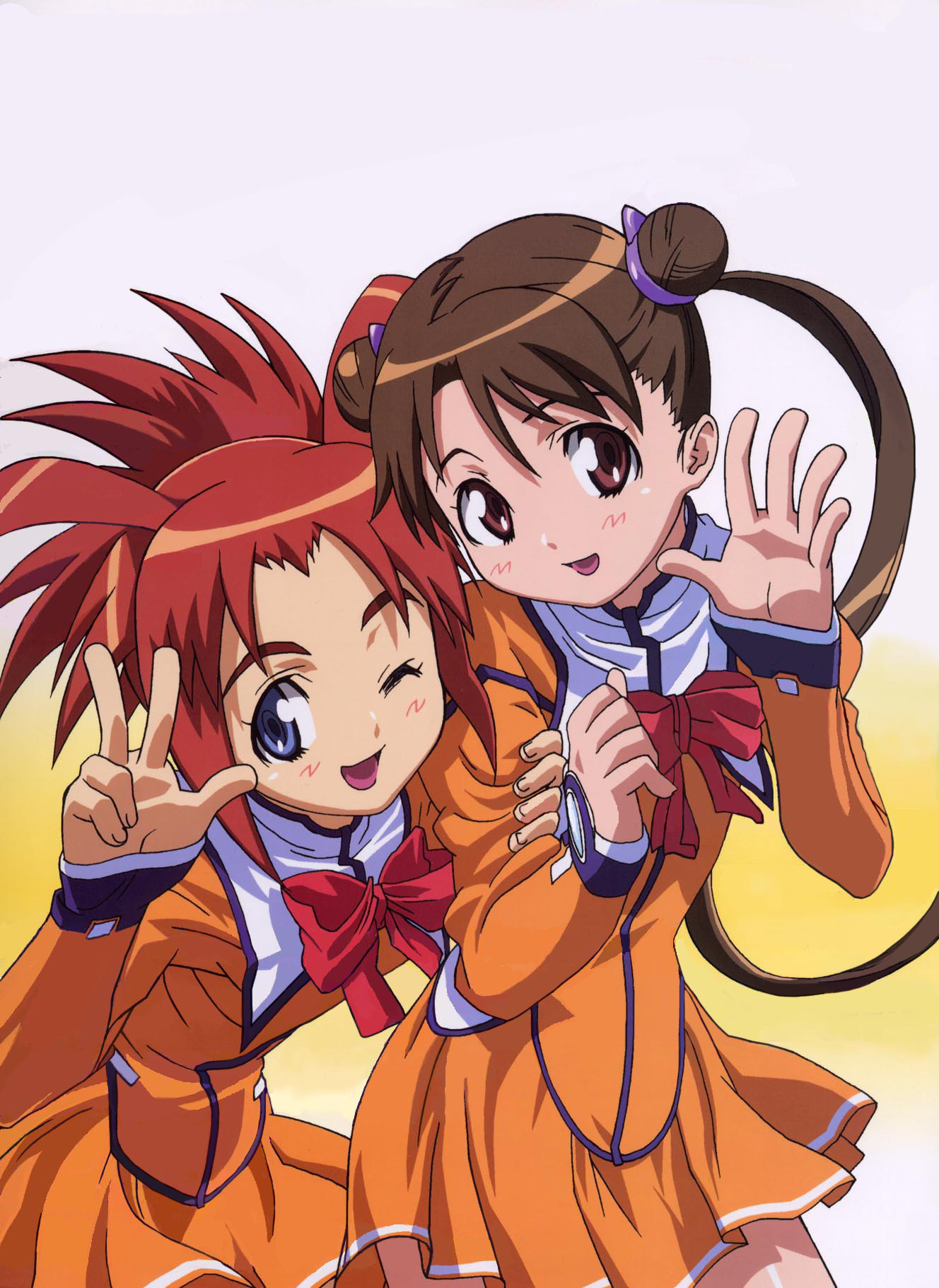 arisa glennorth, katase shima, uchuu no stellvia, uniform, highres, 00s, 2girls, ;d, blue eyes, blush, bow, bowtie, brown eyes, brown hair, head tilt, long hair, long sleeves, multiple girls, one eye closed, open mouth, orange shirt, parted bangs, red bow, red hair, shirt, simple background, smile, twintails, v, very long hair, white background