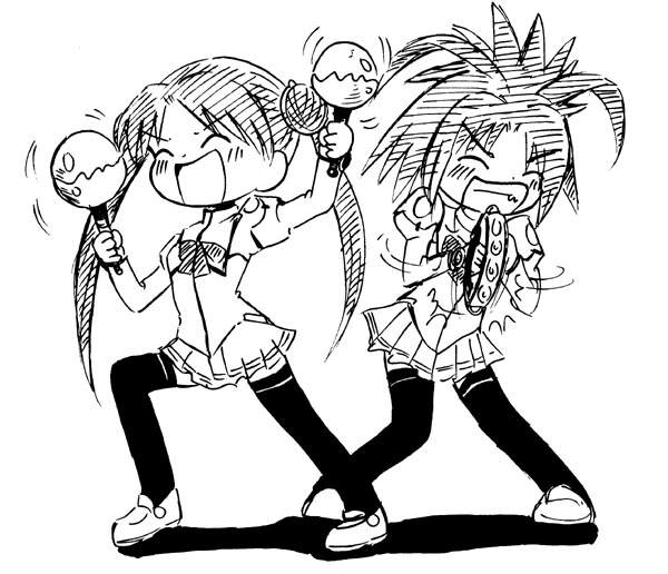 arisa glennorth, katase shima, uchuu no stellvia, uniform, 00s, 2girls, bow, bowtie, clenched hand, closed eyes, greyscale, instrument, long hair, long sleeves, monochrome, motion lines, multiple girls, music, playing instrument, pleated skirt, puffy long sleeves, puffy sleeves, rattle, short hair, skirt, spiked hair, standing, tambourine, teeth, thighhighs, twintails, very long hair, zettai ryouiki