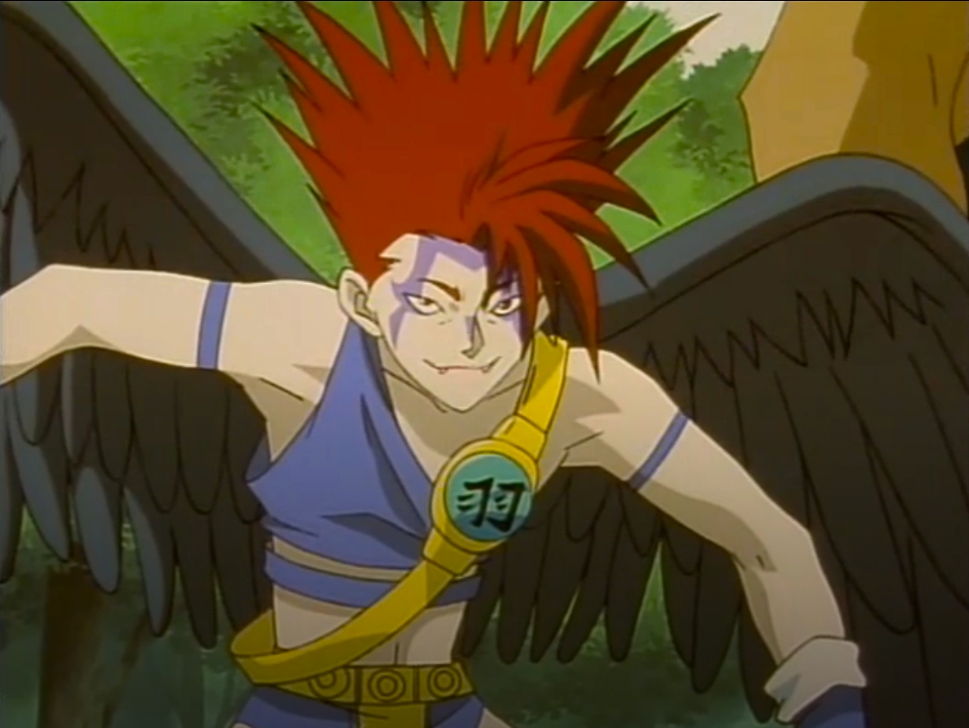 flame of recca, 1boy, hanemaru, long hair, male focus, red eyes, red hair, tusks