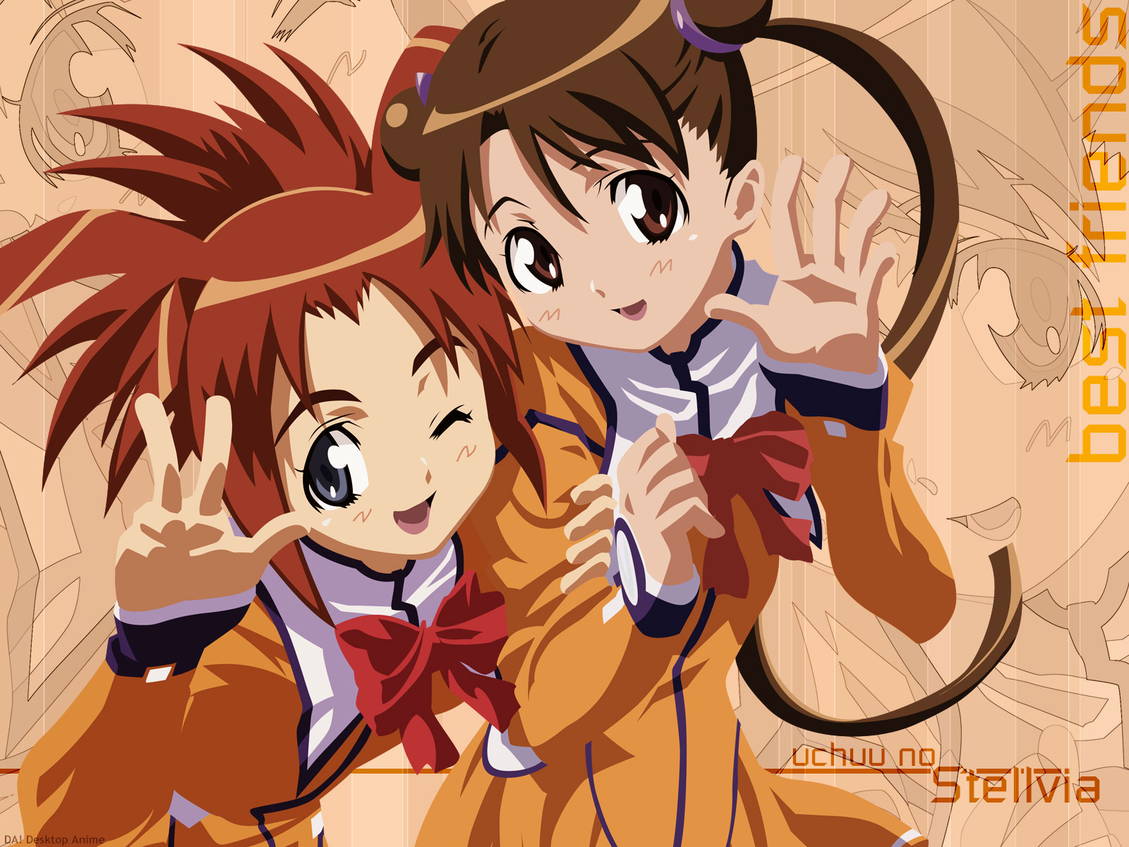 arisa glennorth, katase shima, uchuu no stellvia, uniform, derivative work, highres, vector trace, 00s, 2girls, ;d, blue eyes, blush, bow, bowtie, brown eyes, brown hair, copyright name, head tilt, long hair, long sleeves, multiple girls, one eye closed, open mouth, orange shirt, parted bangs, red bow, red hair, shirt, smile, twintails, v, very long hair