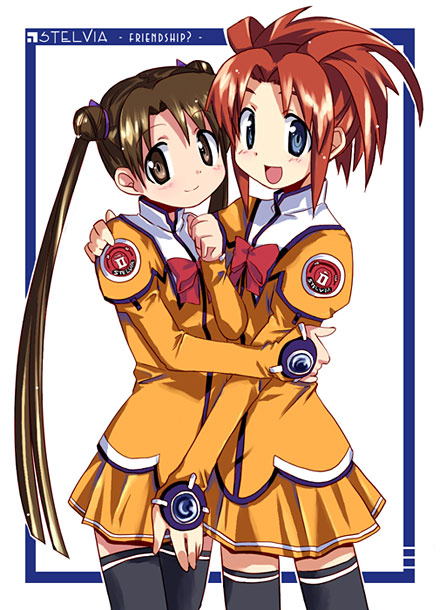 yamai (lsd), arisa glennorth, katase shima, uchuu no stellvia, black legwear, uniform, 00s, 2girls, :d, blue eyes, blush, border, brown eyes, brown hair, cowboy shot, emblem, long hair, looking at viewer, multiple girls, open mouth, orange shirt, parted bangs, red hair, shirt, short hair, simple background, skirt, smile, thighhighs, twintails, very long hair, white background, yellow skirt, zettai ryouiki