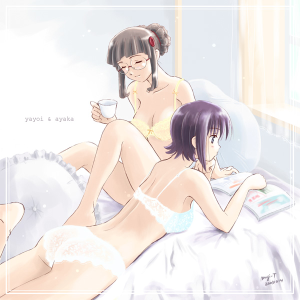 fujisawa yayoi, machida ayaka, uchuu no stellvia, tagme, bed, glasses, lingerie, underwear
