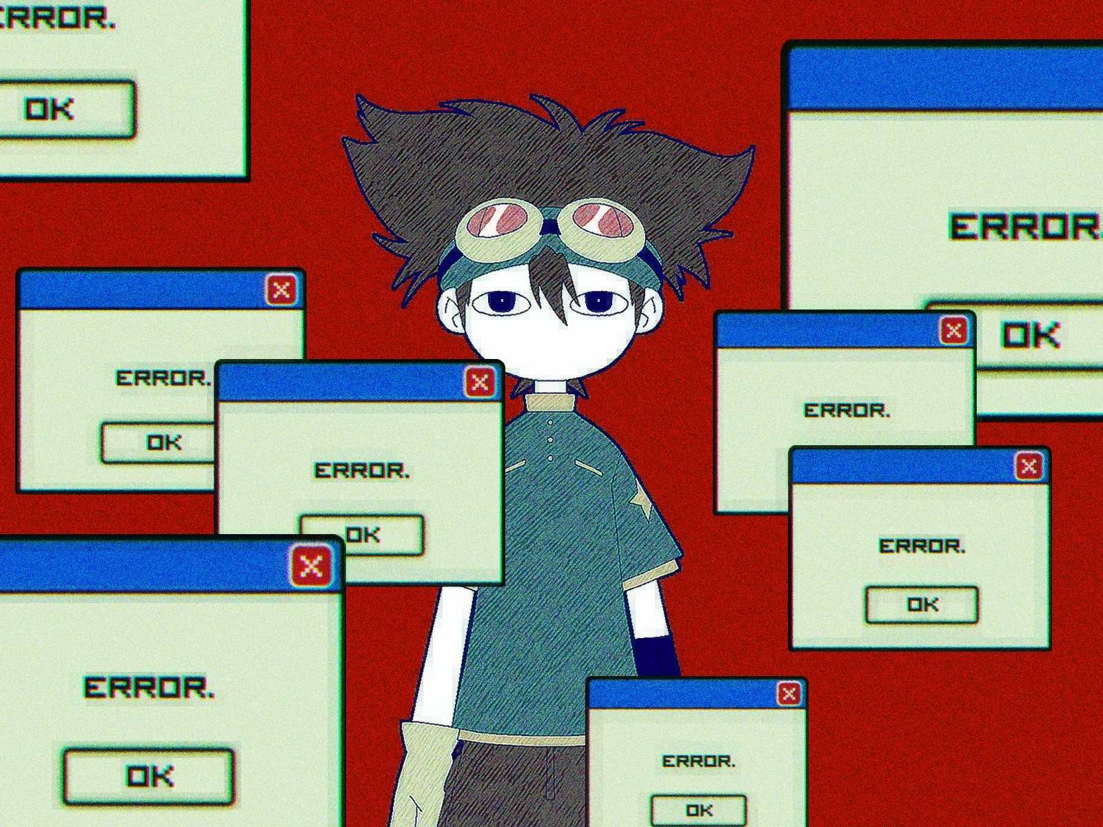 oh sorry 01, yagami taichi, digimon, digimon adventure, highres, 1boy, blue headband, blue shirt, brown hair, brown shorts, error message, goggles, goggles on head, headband, male focus, medium hair, red background, shirt, shorts, simple background, solo