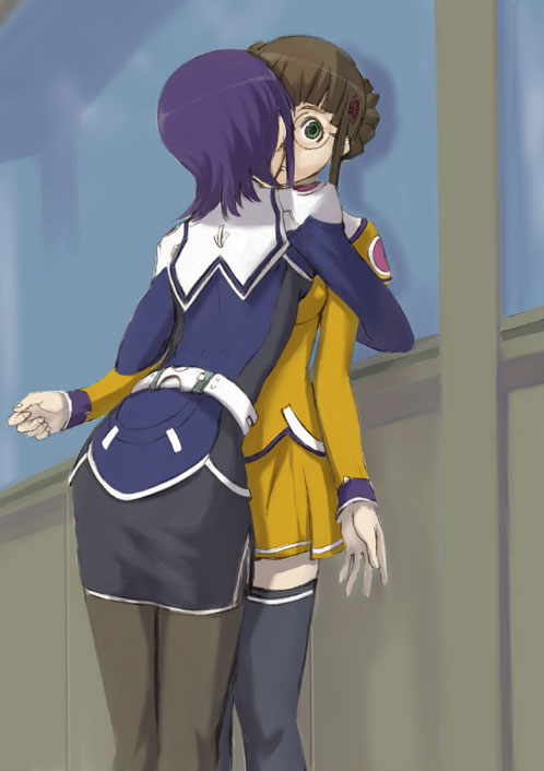 fujisawa yayoi, fujisawa yayoi (uchuu no stellvia), machida ayaka, uchuu no stellvia, 00s, 2girls, glasses, hug, kiss, multiple girls, orange shirt, pantyhose, school uniform, shirt, thighhighs, yuri