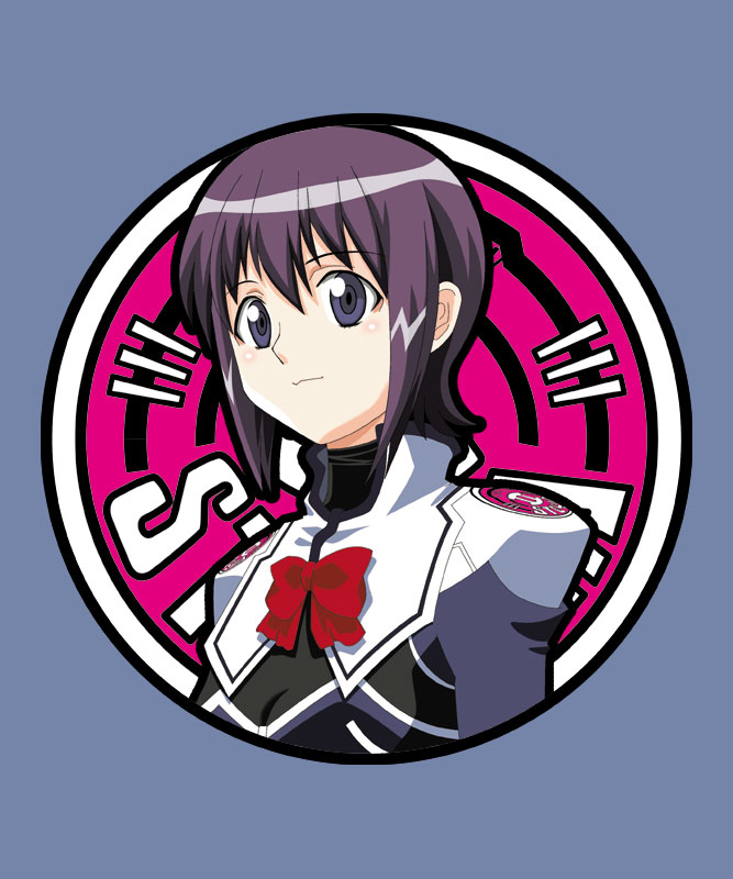 machida ayaka, uchuu no stellvia, uniform, 00s, 1girl, blue background, blue eyes, blush, bow, bowtie, emblem, female focus, looking at viewer, purple hair, red bow, simple background, smile, solo