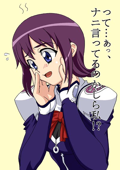 machida ayaka, uchuu no stellvia, uniform, 00s, 1girl, :o, blue eyes, blush, bow, bowtie, emblem, female focus, flying sweatdrops, hands on own face, long sleeves, open mouth, purple hair, red bow, simple background, solo, yellow background