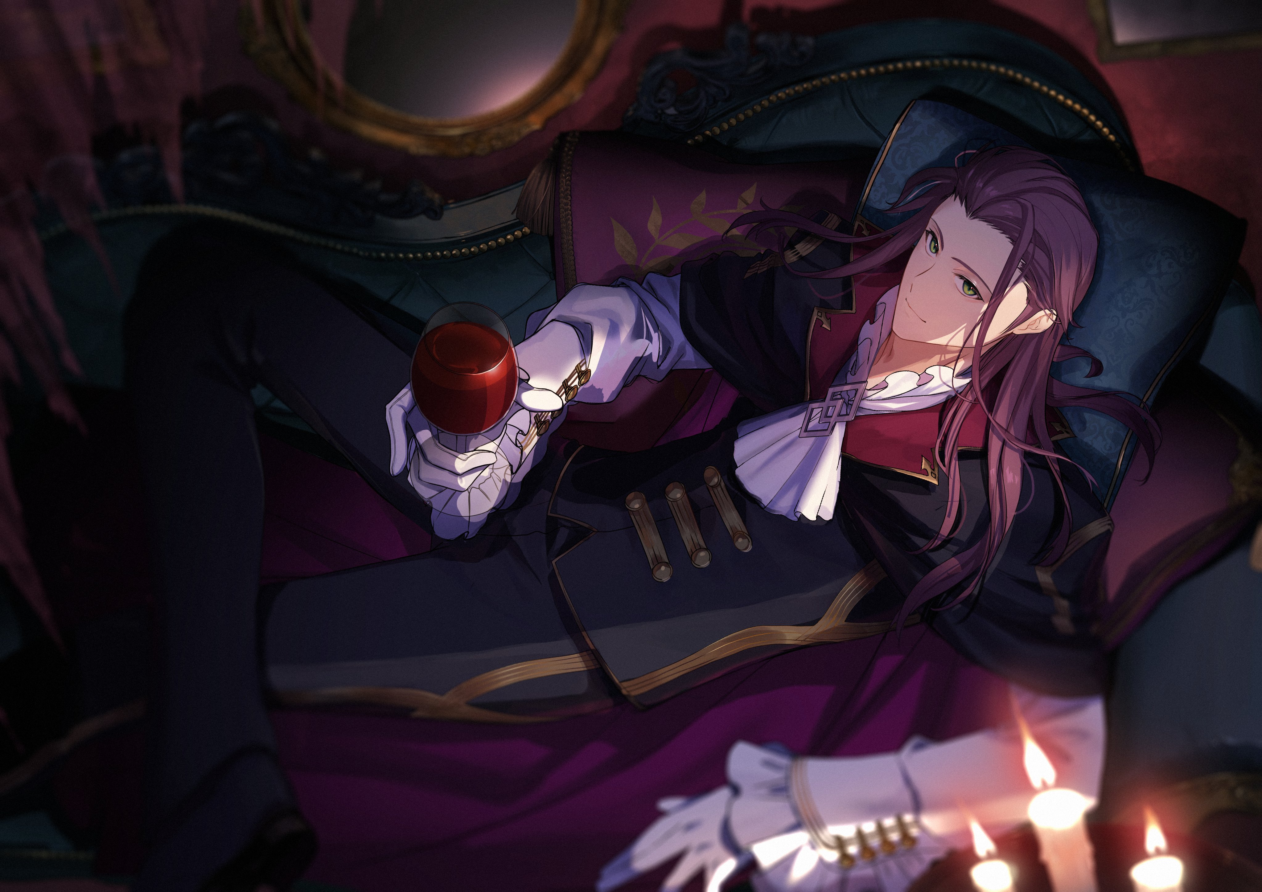 tenoteno syumi, romani archaman, romani archaman (count romani archaman's hospitality), fate/grand order, fate (series), absurdres, commentary, highres, 1boy, alcohol, ascot, black cape, black pants, black shoes, black vest, candle, cape, chaldea logo, closed mouth, collared cape, couch, crossed legs, cup, cushion, drinking glass, elbow rest, film grain, frilled shirt collar, frilled sleeves, frills, from above, gloves, green eyes, long hair, long sleeves, looking at viewer, lying, male focus, mirror, on back, pants, purple cape, red hair, red wine, shirt, shoes, smile, solo, two-sided cape, two-sided fabric, vest, white ascot, white gloves, white shirt, wine, wine glass