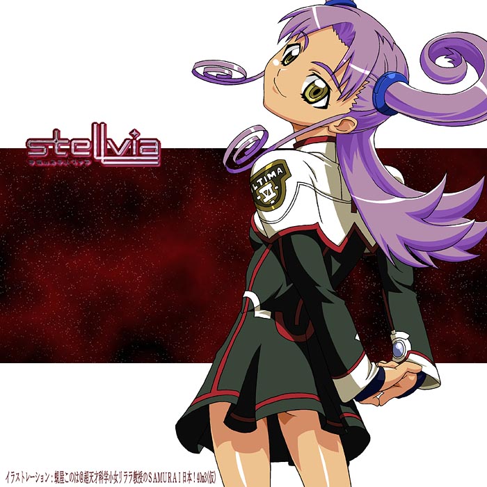 kazamatsuri rinna, uchuu no stellvia, uniform, 00s, 1girl, arms behind head, black dress, brown eyes, cowboy shot, dark-skinned female, dark skin, dress, female focus, head tilt, interlocked fingers, long sleeves, looking at viewer, looking back, purple hair, short hair with long locks, sidelocks, smile, solo, standing