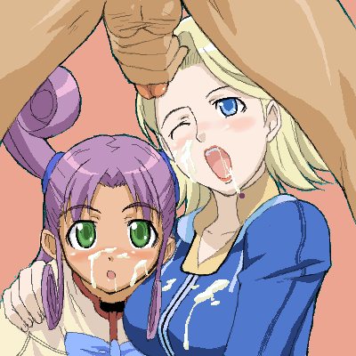 kazamatsuri rinna, uchuu no stellvia, artist request, character request, lowres, 00s, 1boy, 2girls, :o, arm around shoulder, blonde hair, blue eyes, blush, breasts, bukkake, cum, cum on clothes, curly hair, d;, dot nose, erection, flipped hair, green eyes, hand on own penis, hetero, kazamatsuri natasha, large breasts, legs apart, lipstick, loli, long hair, long sleeves, looking at another, makeup, multiple girls, nose blush, oekaki, one eye closed, open mouth, penis, pink background, purple hair, raised eyebrows, short hair, sidelocks, simple background, standing, testicles, twintails, uncensored