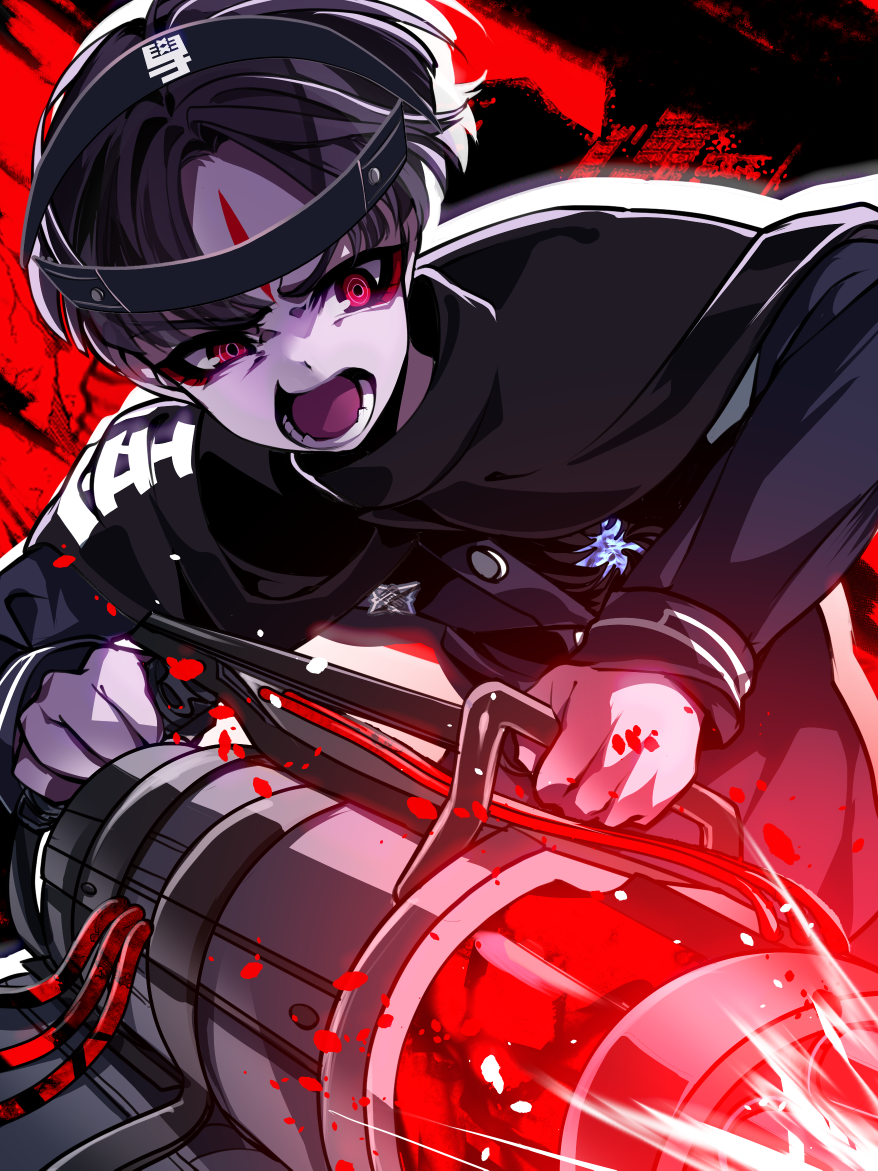 nota sayaka, maruko gaku, the hundred line -last defense academy-, 1boy, black cloak, black hair, cloak, drop shadow, gakuran, gatling gun, gloves, gun, headgear, holding, holding gun, holding weapon, last defense academy school uniform, looking ahead, lower teeth only, male focus, open mouth, red background, school uniform, short hair, solo, teeth, two-tone background, weapon, white gloves