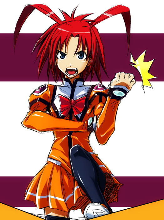arisa glennorth, uchuu no stellvia, 00s, 1girl, angry, female focus, orange shirt, shirt, solo, thighhighs