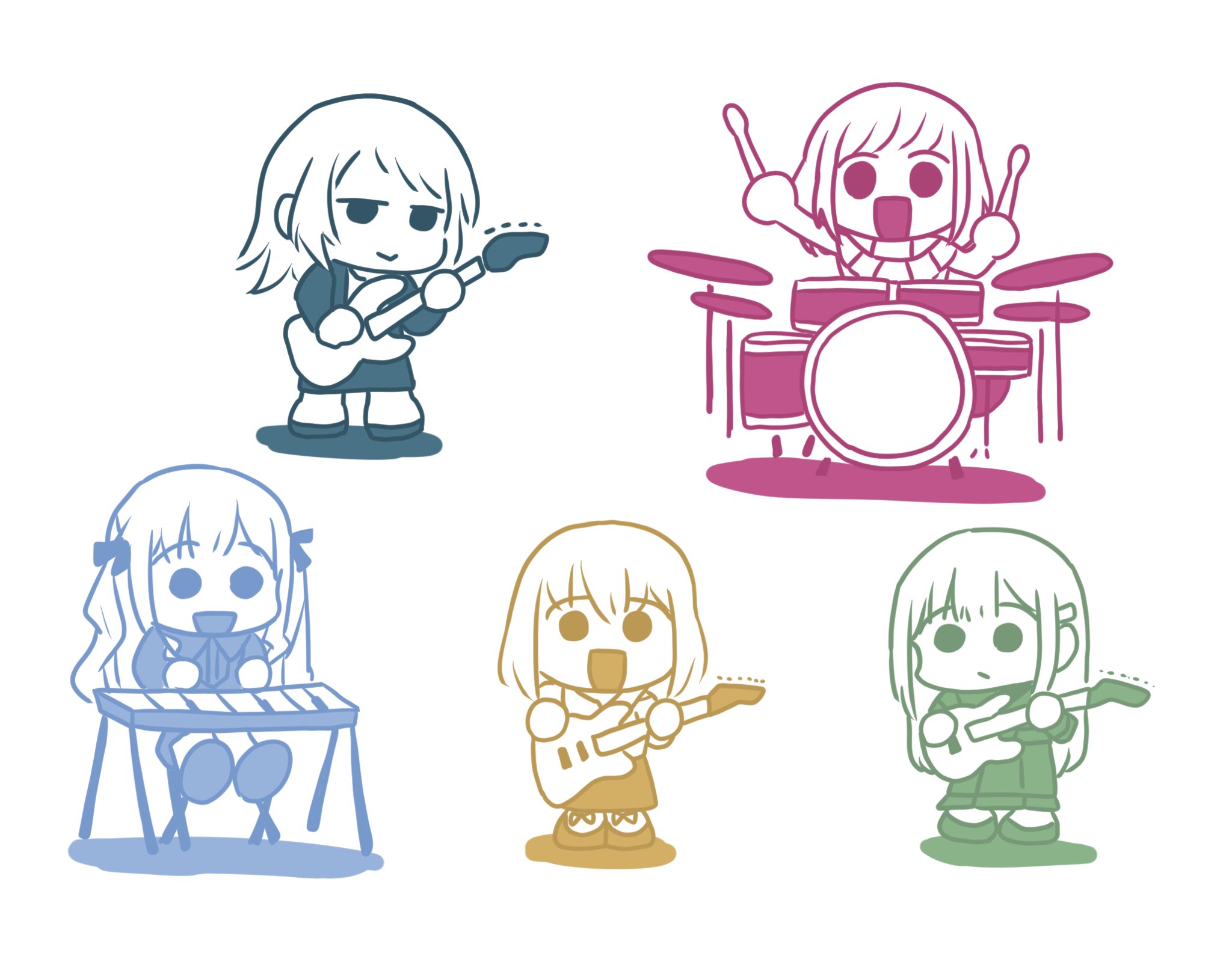 ssami, misumi uika, togawa sakiko, wakaba mutsumi, yahata umiri, yuutenji nyamu, ave mujica (bang dream!), bang dream!, bang dream! it's mygo!!!!!, bocchi the rock!, highres, 5girls, bass guitar, drum, drum set, guitar, instrument, keyboard (instrument), long hair, medium hair, multiple girls, open mouth, short hair, simple background, white background