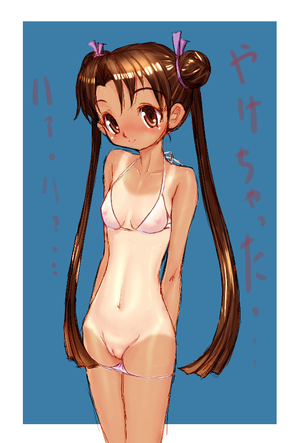 katase shima, uchuu no stellvia, framed, artist request, 00s, 1girl, arms behind back, bikini, bikini pull, breasts, clothes pull, covered erect nipples, female focus, nipples, one-piece tan, outside border, pussy, see-through clothes, small breasts, solo, standing, swimsuit, tan, tanline, white bikini