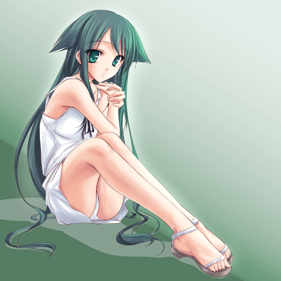tenmaso, saya (saya no uta), saya no uta, 1girl, feet, female focus, green eyes, green hair, hair flaps, long hair, looking at viewer, matching hair/eyes, panties, pantyshot, sandals, sitting, solo, toes, underwear, white panties