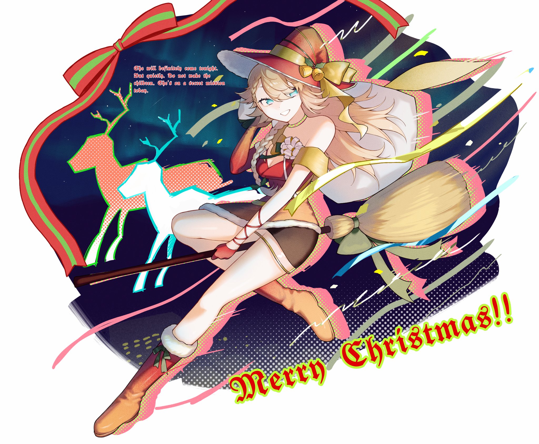 mr (1937mrtary), lilya (reverse:1999), reverse:1999, highres, 1girl, alternate costume, asymmetrical gloves, aurora, bare shoulders, blonde hair, blue eyes, blue sky, boots, bow, breasts, broom, broom riding, christmas, cleavage, dress, drop shadow, elbow gloves, english text, full body, fur-trimmed boots, fur trim, gloves, grin, halftone, halftone background, hand up, hat, hat bell, hat bow, holding, holding sack, long hair, looking at viewer, merry christmas, night, night sky, red boots, red dress, red gloves, red hat, reindeer, sack, short dress, single elbow glove, sky, smile, solo, strapless, strapless dress, uneven gloves, witch, witch hat, yellow bow