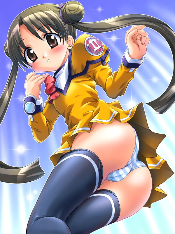 sorimura youji, katase shima, uchuu no stellvia, 00s, 1girl, ass, black hair, black thighhighs, blue panties, blush, bow, brown eyes, cameltoe, cleft of venus, day, double bun, dress, female focus, from below, hair bun, long hair, orange shirt, panties, pantyshot, pussy, school uniform, serafuku, shirt, short dress, sky, solo, striped clothes, striped panties, thighhighs, twintails, underwear, upskirt