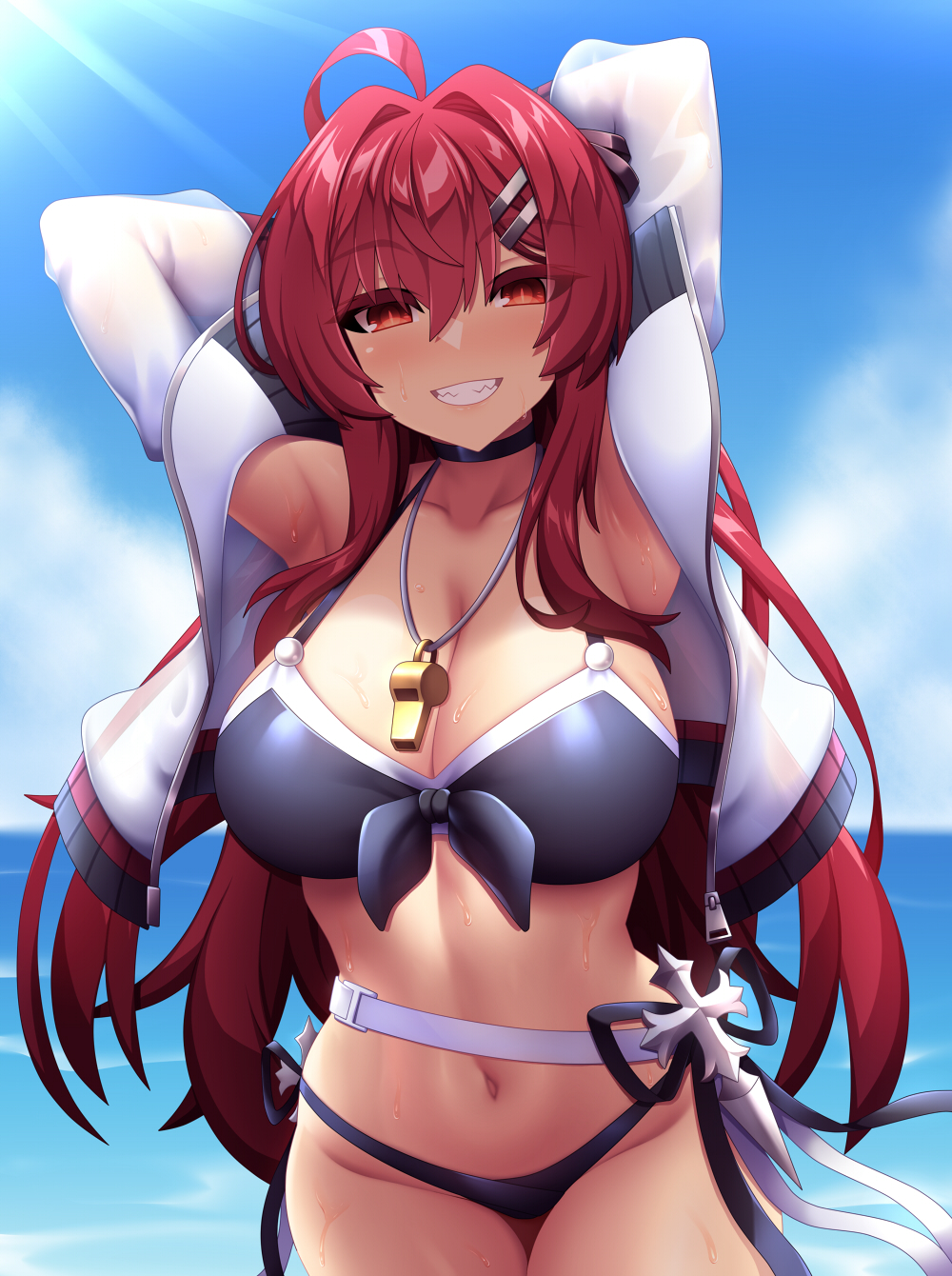 fi-san, elesis (elsword), elsword, highres, 1girl, ahoge, armpits, arms up, bikini, black bikini, breasts, cleavage, cowboy shot, day, hair between eyes, hair ornament, hairclip, jacket, large breasts, long hair, looking at viewer, multicolored bikini, navel, open clothes, open jacket, outdoors, presenting armpit, red eyes, red hair, smile, solo, sweat, swimsuit, two-tone bikini, very long hair, water, whistle, whistle around neck