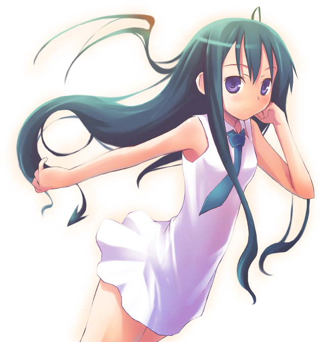 nanakusa, saya (saya no uta), saya no uta, 1girl, adapted costume, adjusting hair, dress, expressionless, female focus, floating hair, green hair, long hair, looking at viewer, necktie, purple eyes, sleeveless, solo, very long hair