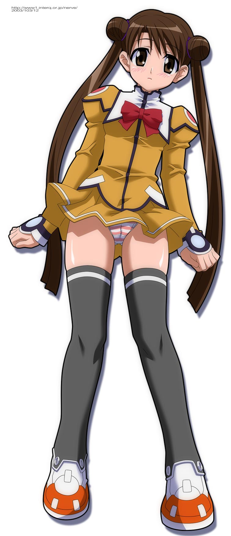 katase shima, uchuu no stellvia, highres, 00s, 1girl, brown hair, clothes lift, female focus, long hair, orange shirt, panties, shirt, simple background, skirt, skirt lift, solo, striped clothes, striped panties, thighhighs, thighs, underwear, white background