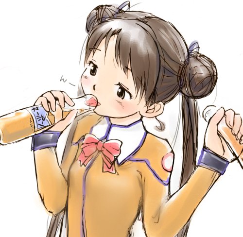 kashmir, katase shima, uchuu no stellvia, lowres, 00s, 1girl, blush, bottle, bow, brown eyes, brown hair, double bun, drink, female focus, hair bun, orange shirt, sexually suggestive, shirt, simple background, solo, tongue, white background