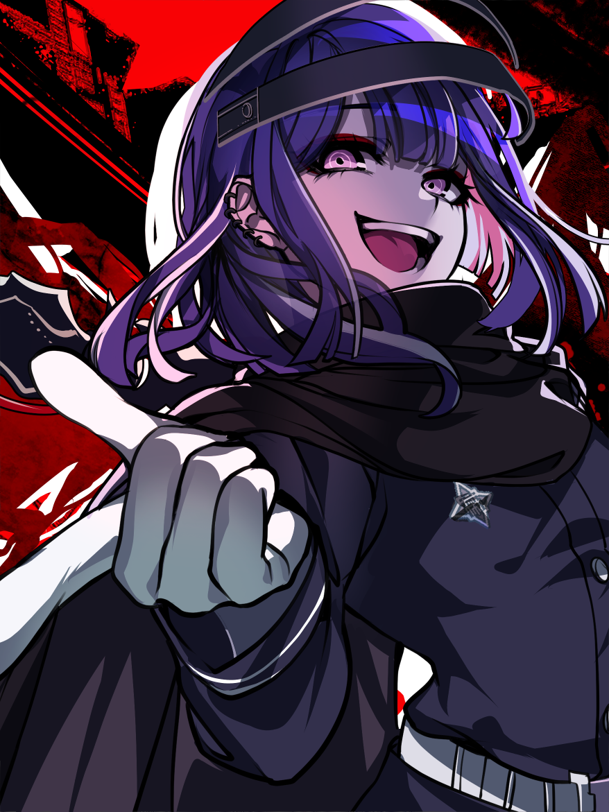 nota sayaka, tsukumo ima, the hundred line -last defense academy-, revision, 1boy, black background, drop shadow, ear piercing, gakuran, gloves, grin, headgear, last defense academy school uniform, looking at viewer, male focus, open mouth, piercing, pink eyes, pointing, purple hair, red background, school uniform, short hair, smile, solo, two-tone background, upper body, white gloves, white streaks