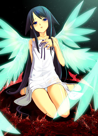 chuuou higashiguchi, saya (saya no uta), saya no uta, lowres, official art, 1girl, arm behind back, black hair, blue eyes, dark, dress, feet, female focus, full body, hair flaps, half-closed eyes, hand in own hair, long hair, panties, pantyshot, ribbon, sandals, sitting, solo, sundress, swept bangs, thighs, toes, underwear, very long hair, wings