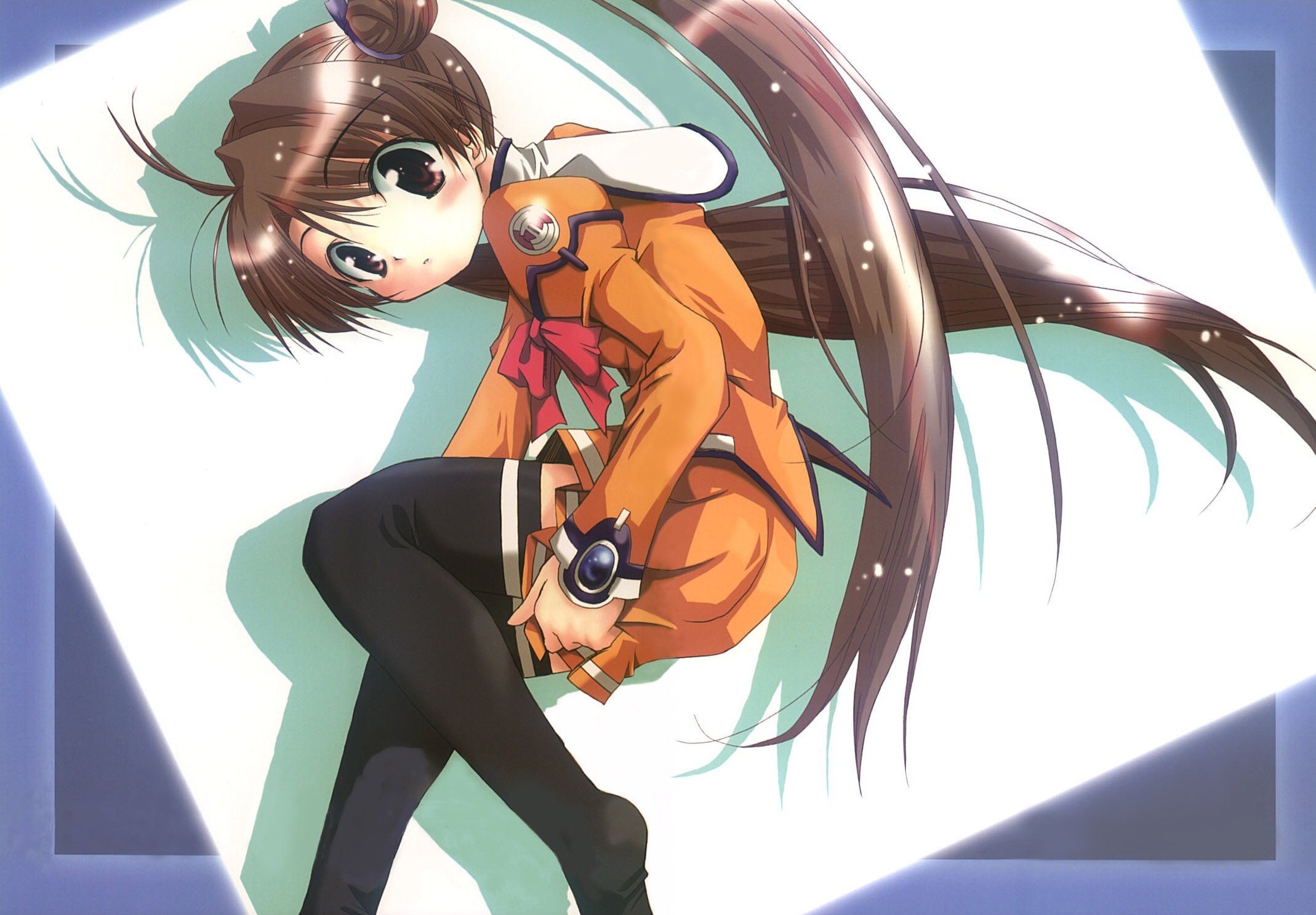 katase shima, uchuu no stellvia, duplicate, highres, 00s, 1girl, female focus, orange shirt, shirt, solo, thighhighs