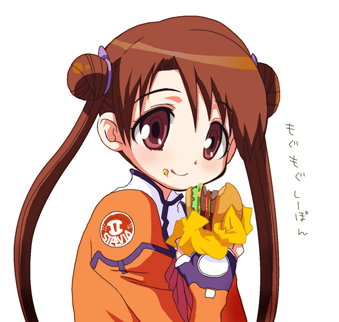 katase shima, uchuu no stellvia, 00s, 1girl, brown eyes, brown hair, burger, eating, female focus, food, food on face, mustard, orange shirt, shirt, smile, solo, twintails