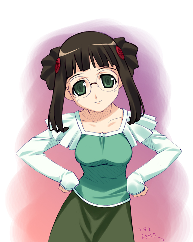murakami suigun, fujisawa yayoi, fujisawa yayoi (uchuu no stellvia), uchuu no stellvia, 00s, 1girl, black hair, blouse, breasts, casual, donut hair bun, female focus, glasses, green eyes, hair bun, hair ornament, hands on own hips, head tilt, long sleeves, looking at viewer, shirt, sidelocks, single hair bun, skirt, sleeves past wrists, solo